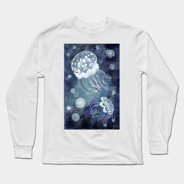 White Watercolor Jellyfish Long Sleeve T-Shirt by Danica Templeton Art